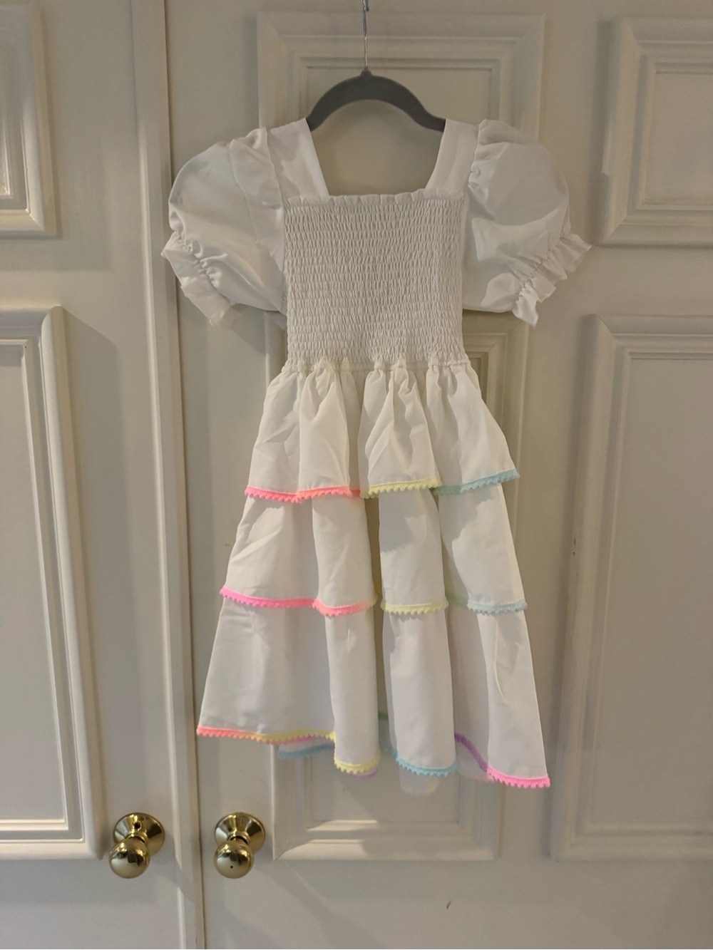 Lola + The Boys White Tiered Dress with Pink, Yellow, Blue & Purple Trim